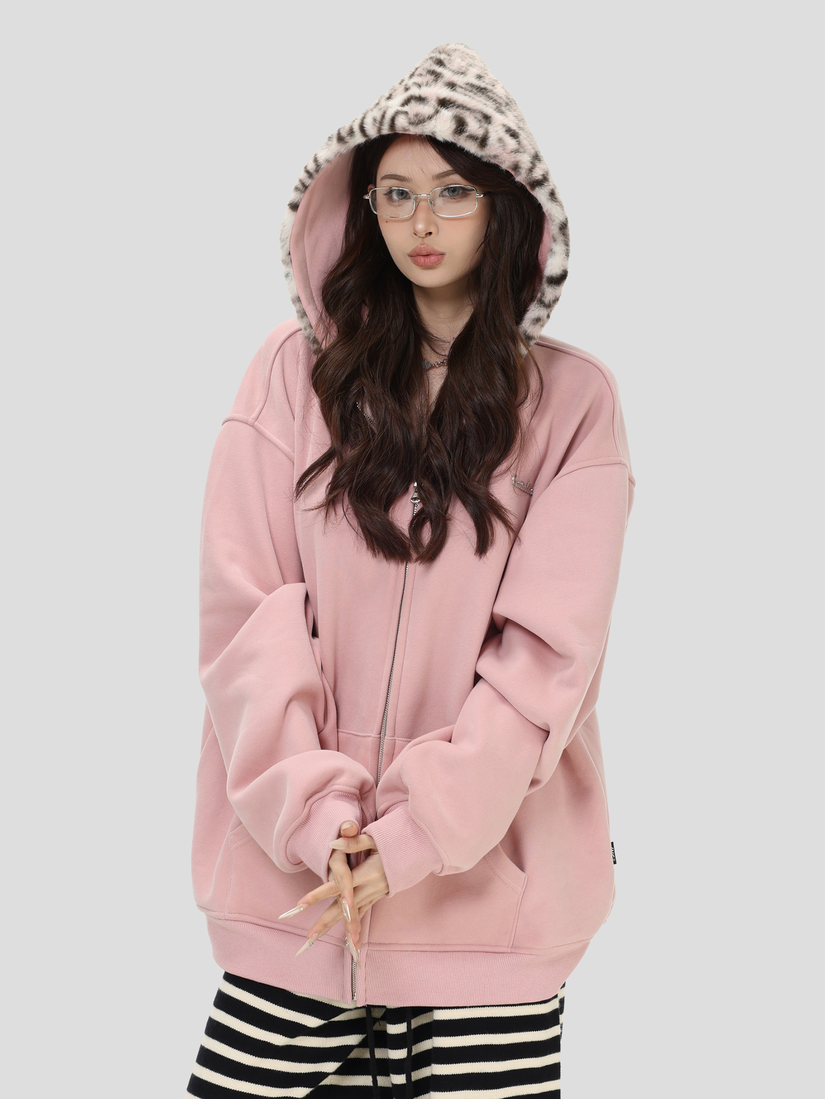 China-Chic American retro "leopard fur collar hoodie" loose cardigan plush sweater