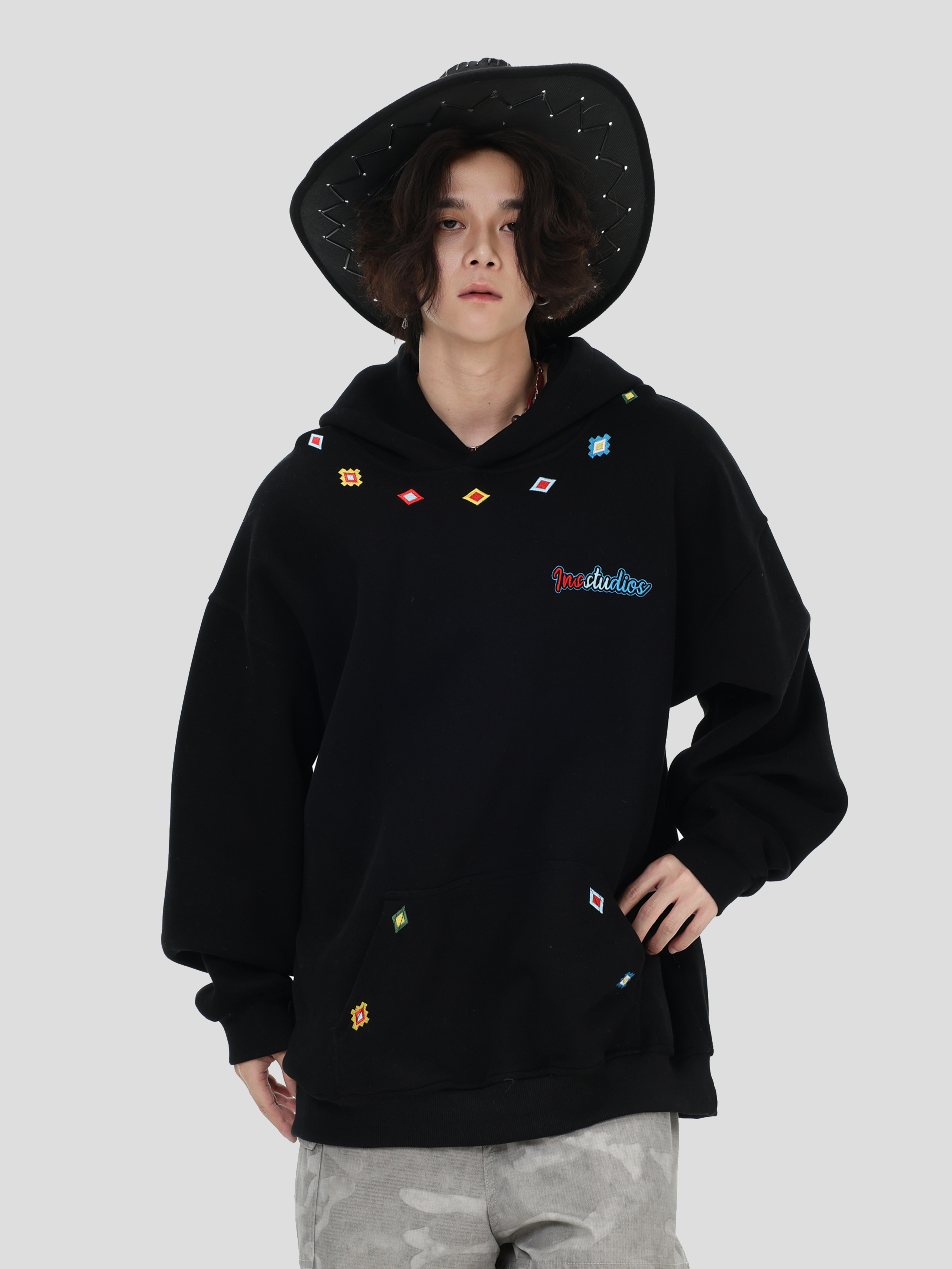 China-Chic Couple's American "Lingge Embroidery Hoodie" Loose Pullover Hoodie