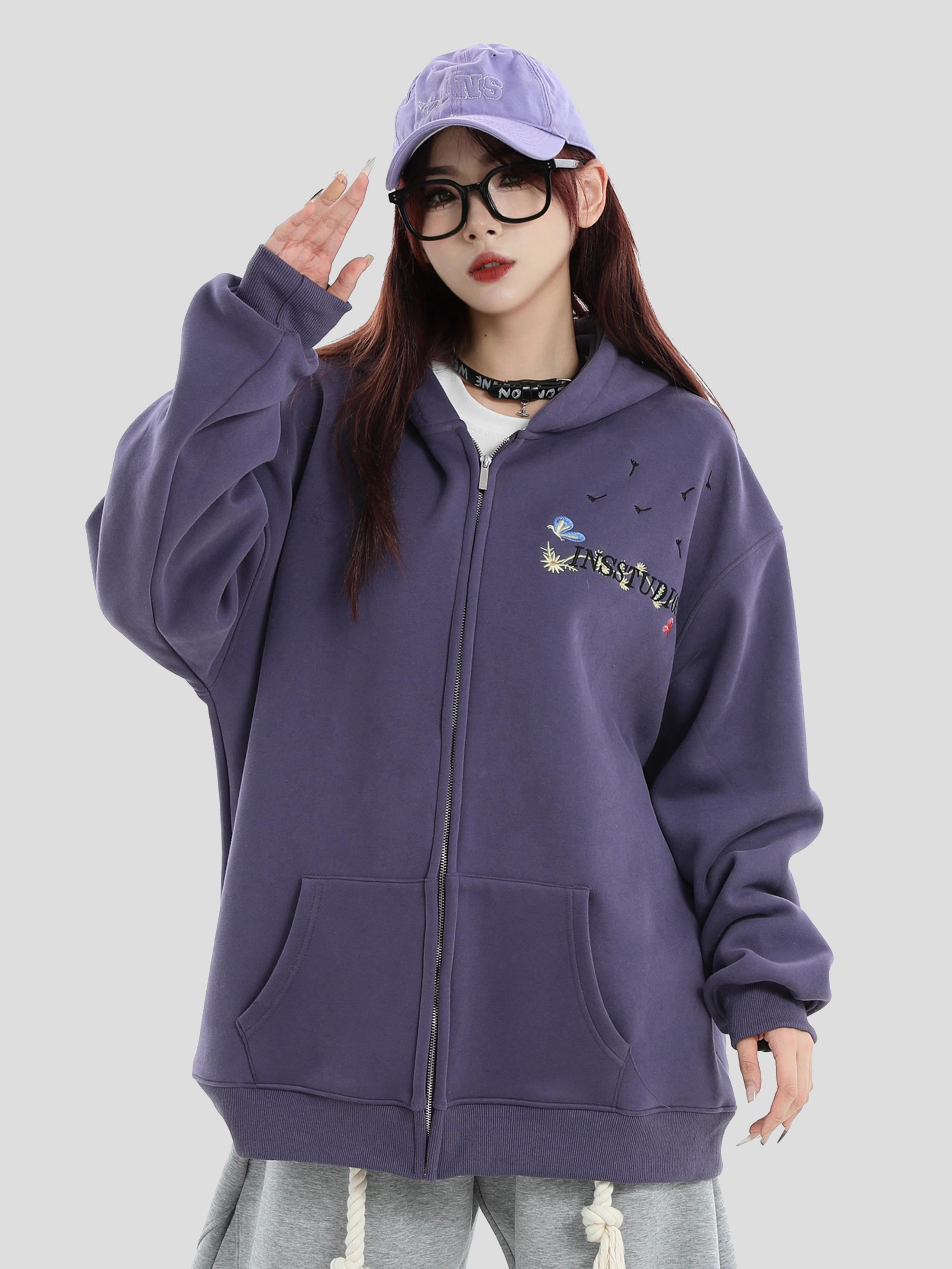China-Chic Couple American Butterfly LOGO Embroidery Sweater Loose Plush Zipper Coat Men