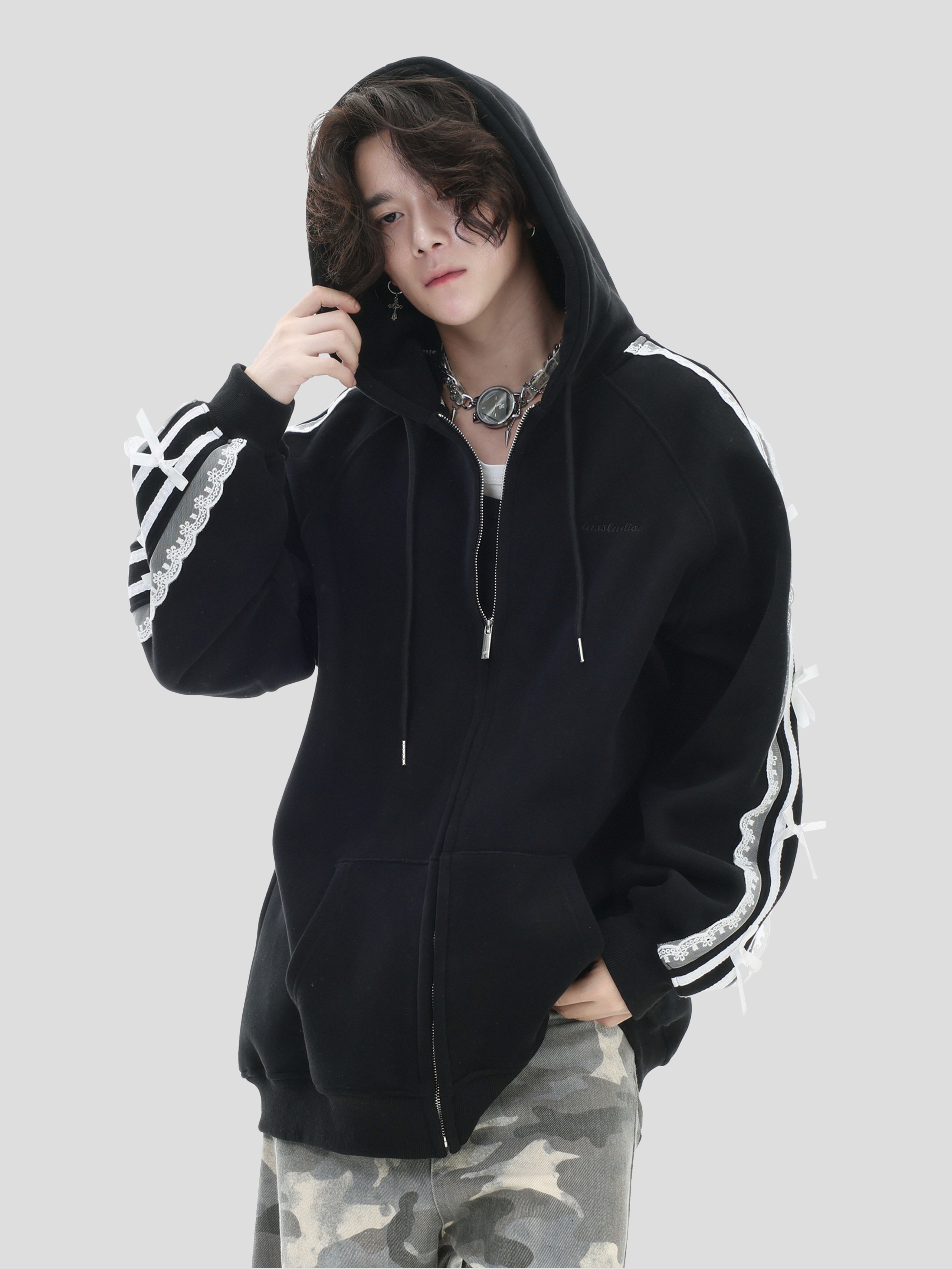 China-Chic couple "lace striped sweater" loose plush hooded cardigan coat