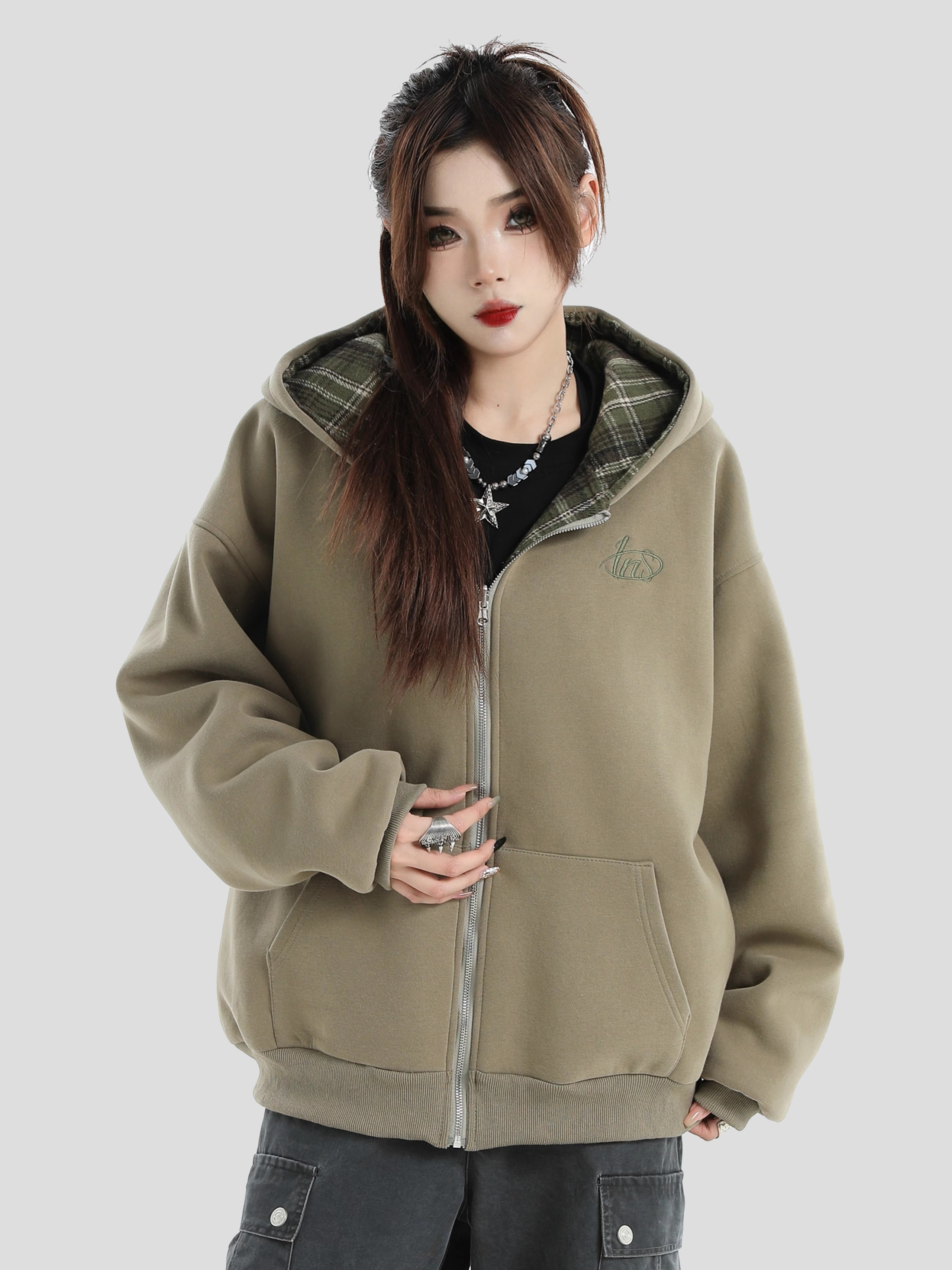 China-Chic Brand Couple American Double Sided Reversed Plaid Hoodie Loose Cardigan Coat Male