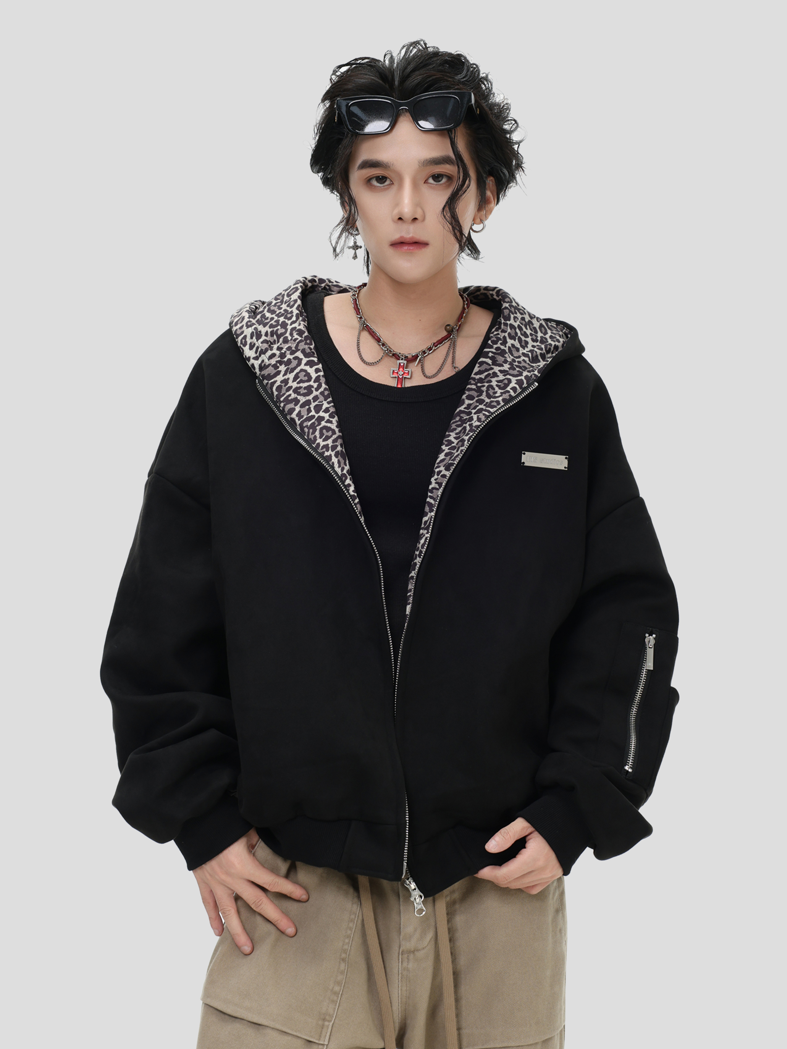 China-Chic Couple American "Leopard Suede Jacket" Loose Hooded Top Coat Men