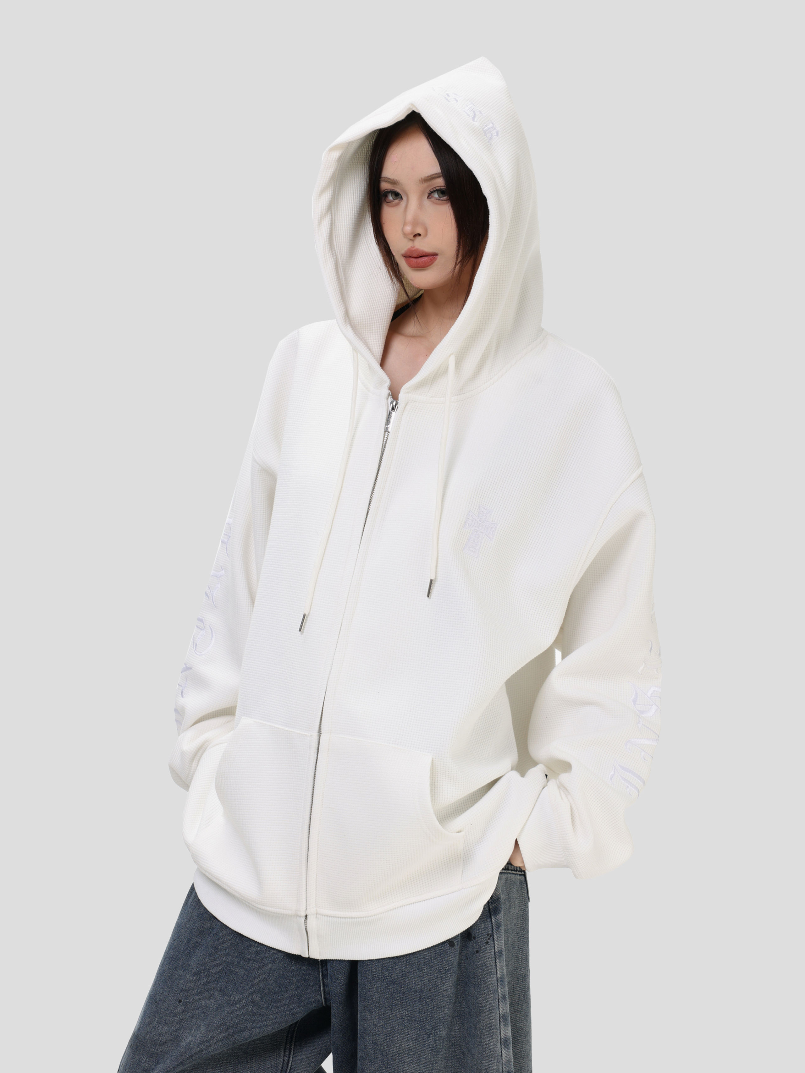 China-Chic Couple's American "Waffle Hooded Cardigan Sweater" Loose Zipper Coat