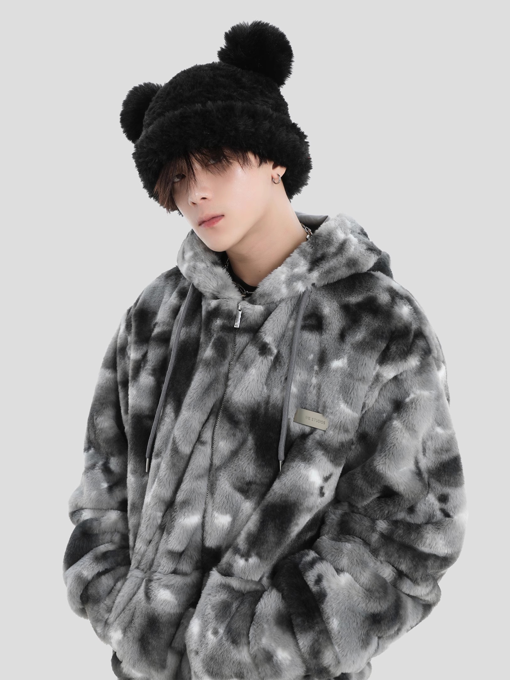 China-Chic Couple's American tie dyed plush hoodie loose and thick warm woolen cotton jacket