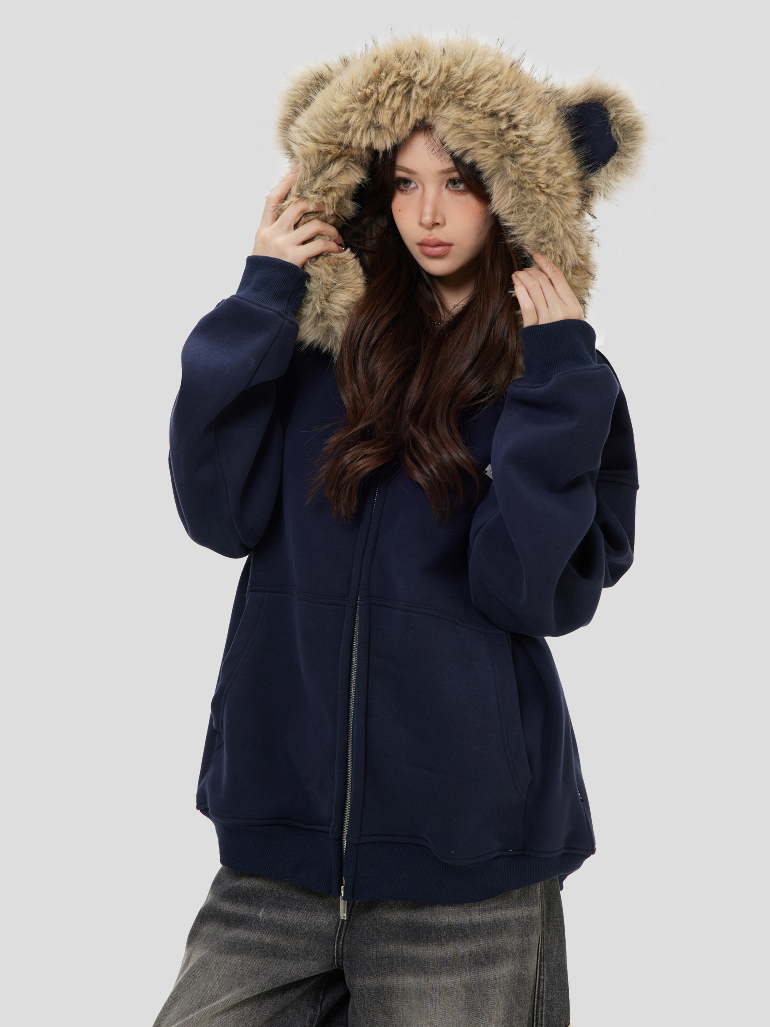 China-Chic American "Little Bear Ear Hair Collar Cardigan Sweater" Loose Plush Zipper Coat