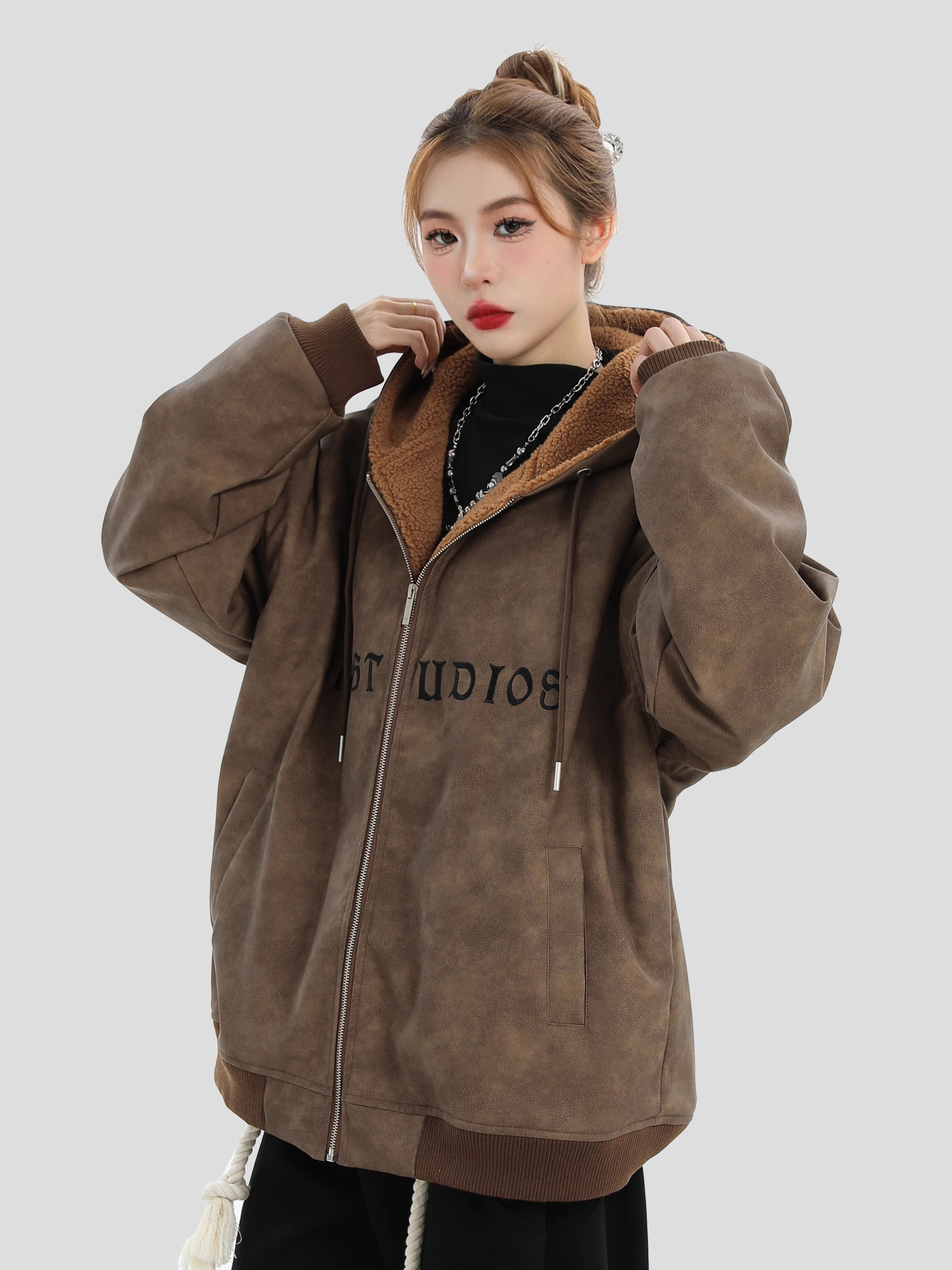China-Chic Couple American Lamb Fleece Old PU Leather Coat Loose Thickened Jacket Cotton Coat