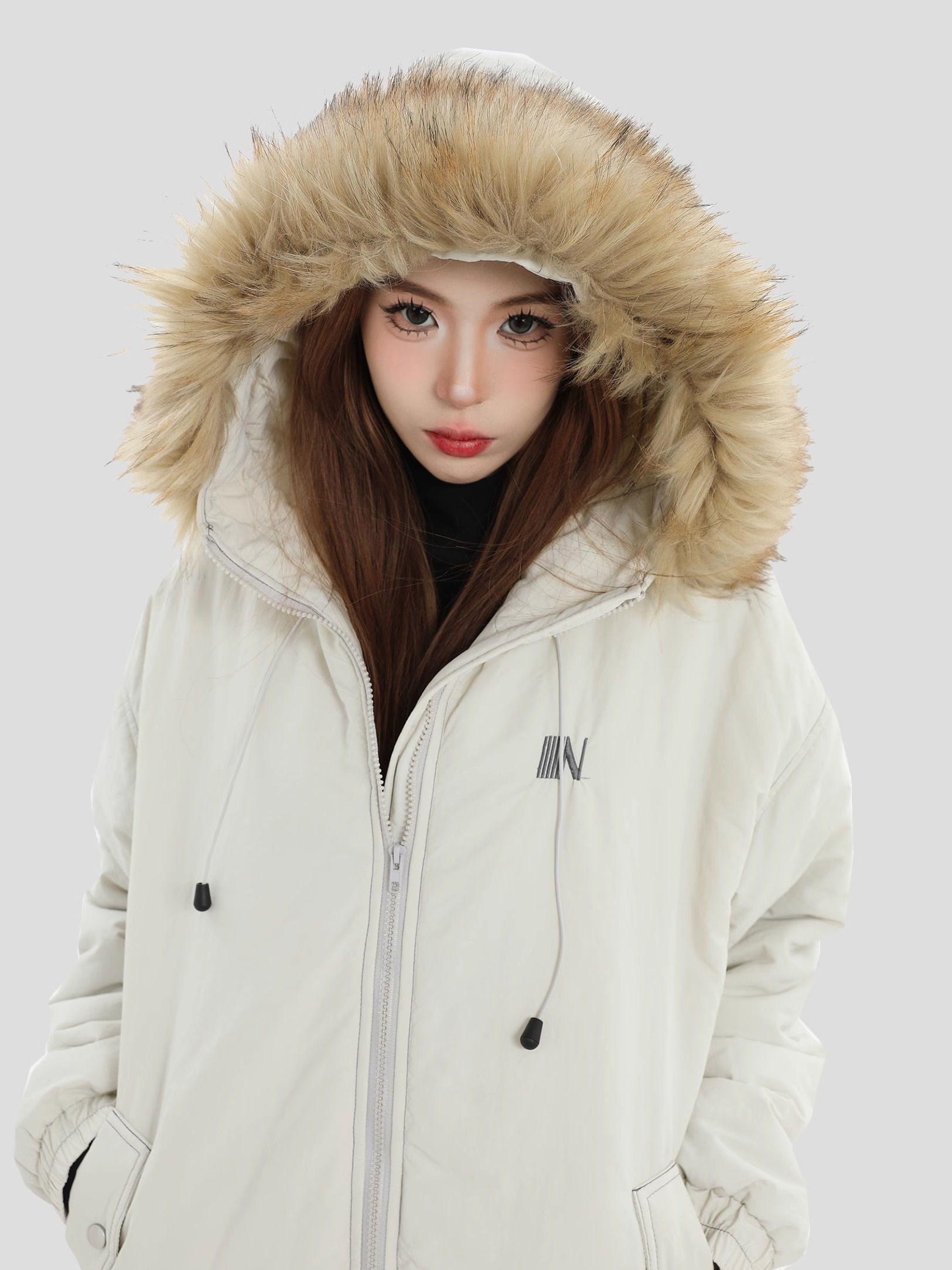 China-Chic Couple Grey Parka Wool Collar Hooded Cotton Jacket Warm Cotton Jacket