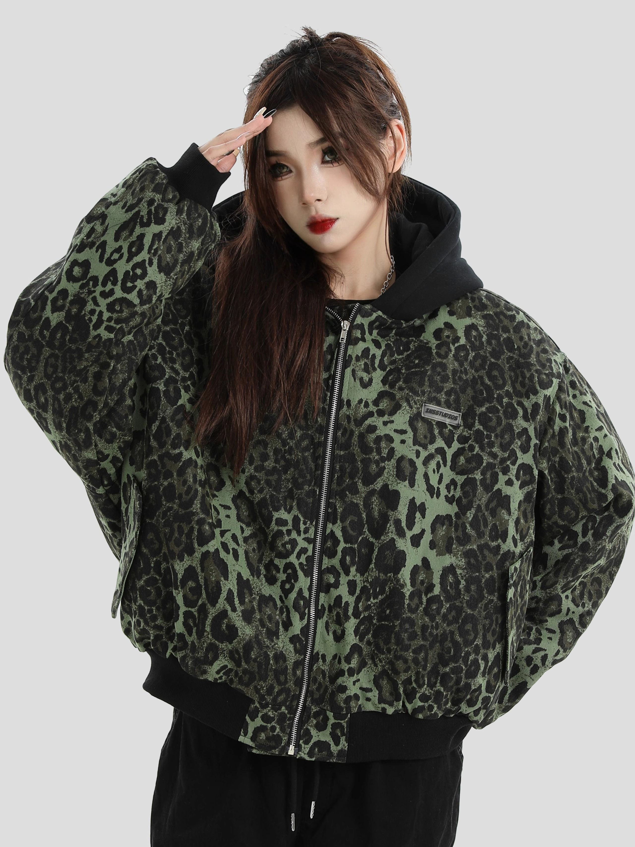 China-Chic Couple American Heavy Industry Leopard Fake Two Piece Cotton Suit Loose Flight Suit Cotton Coat