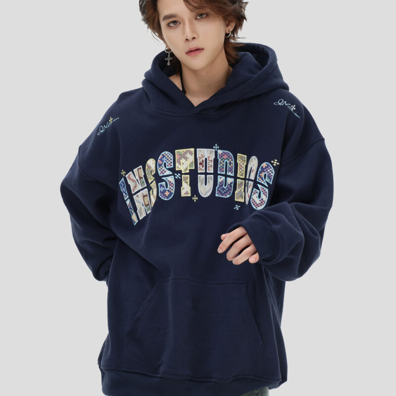 China-Chic brand American "woven patch embroidered hooded sweater" loose plush hoodie top