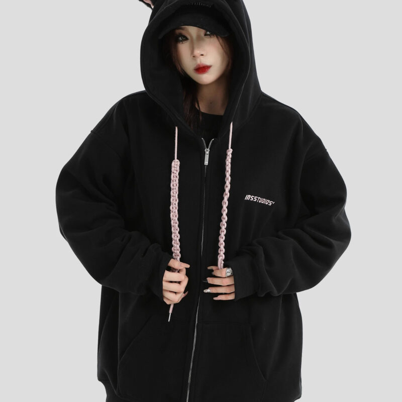 China-Chic Couple American Cat Ear Hoodie Loose Plush Cardigan Coat Men