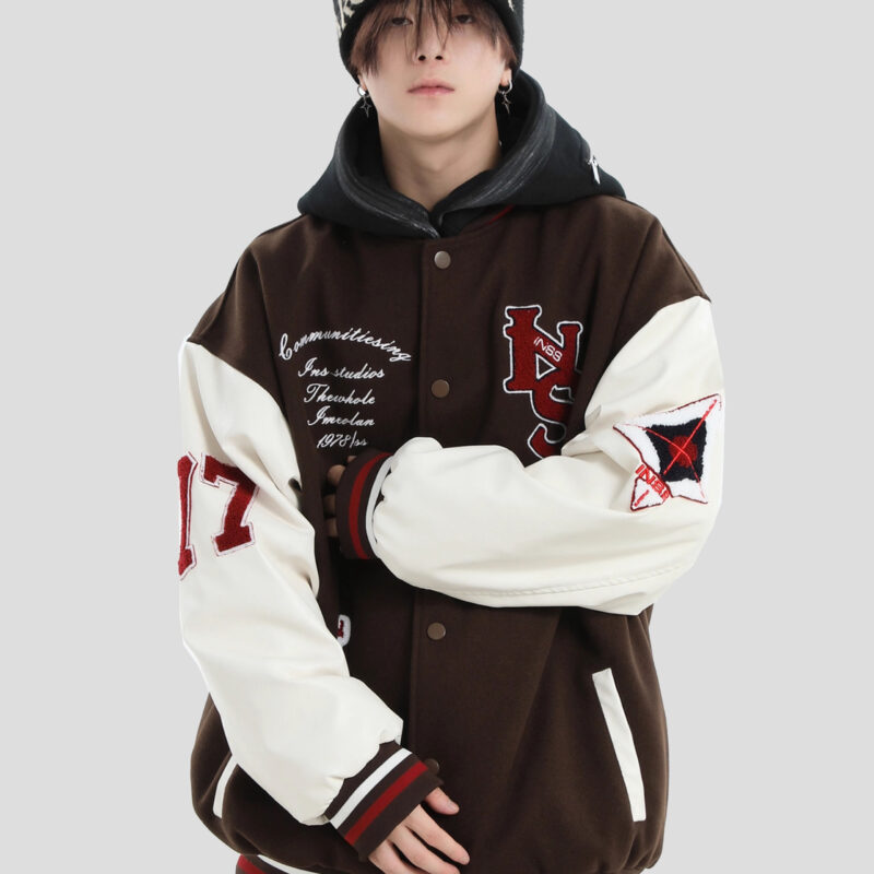 INStudios China-Chic Couple American Retro Contrast Color Baseball Jacket Towel Embroidery Cotton Jacket Men