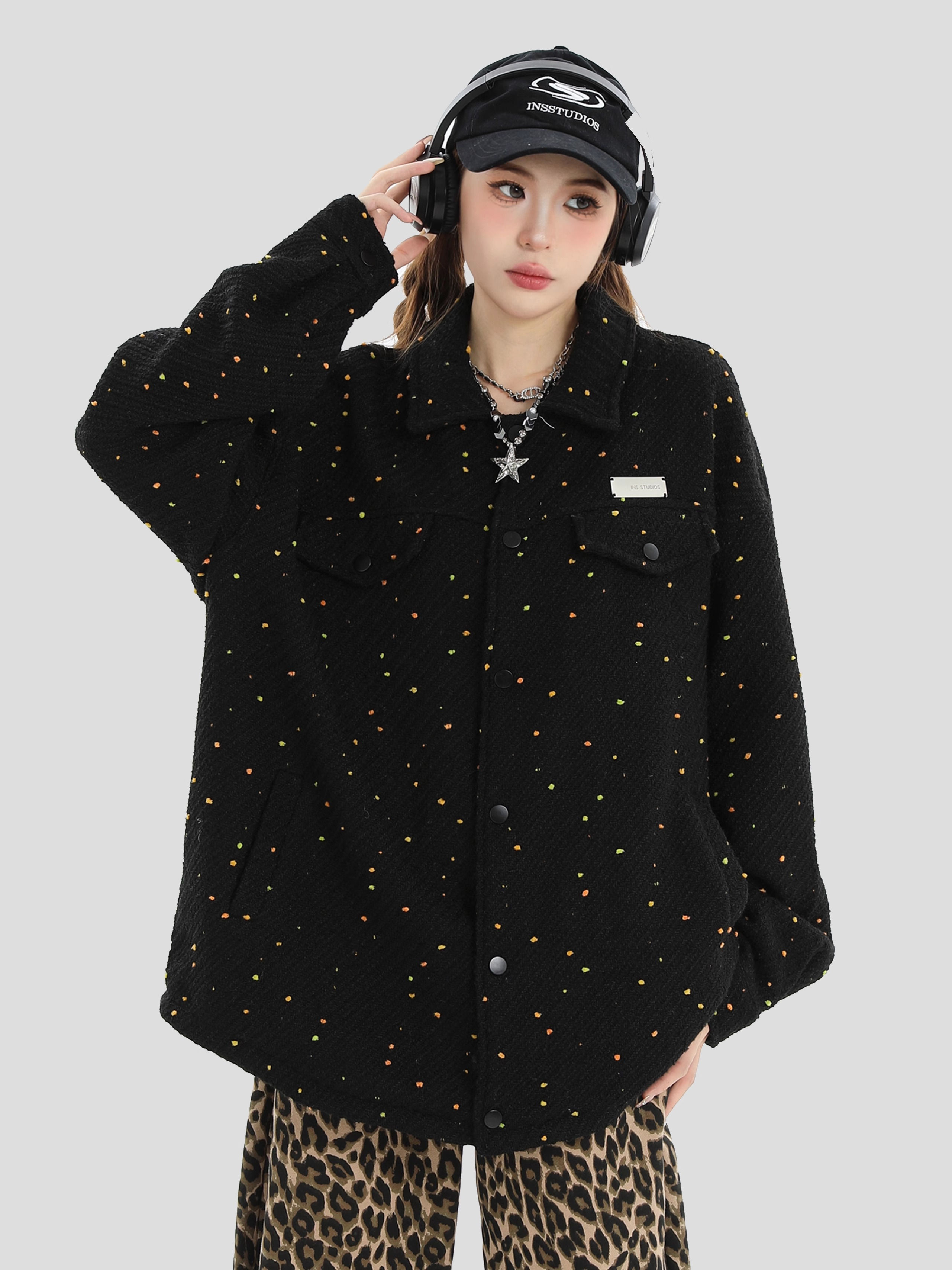 China-Chic Couple American Colorful Dot Small Fragrant Coat Loose Polo Jacket Top