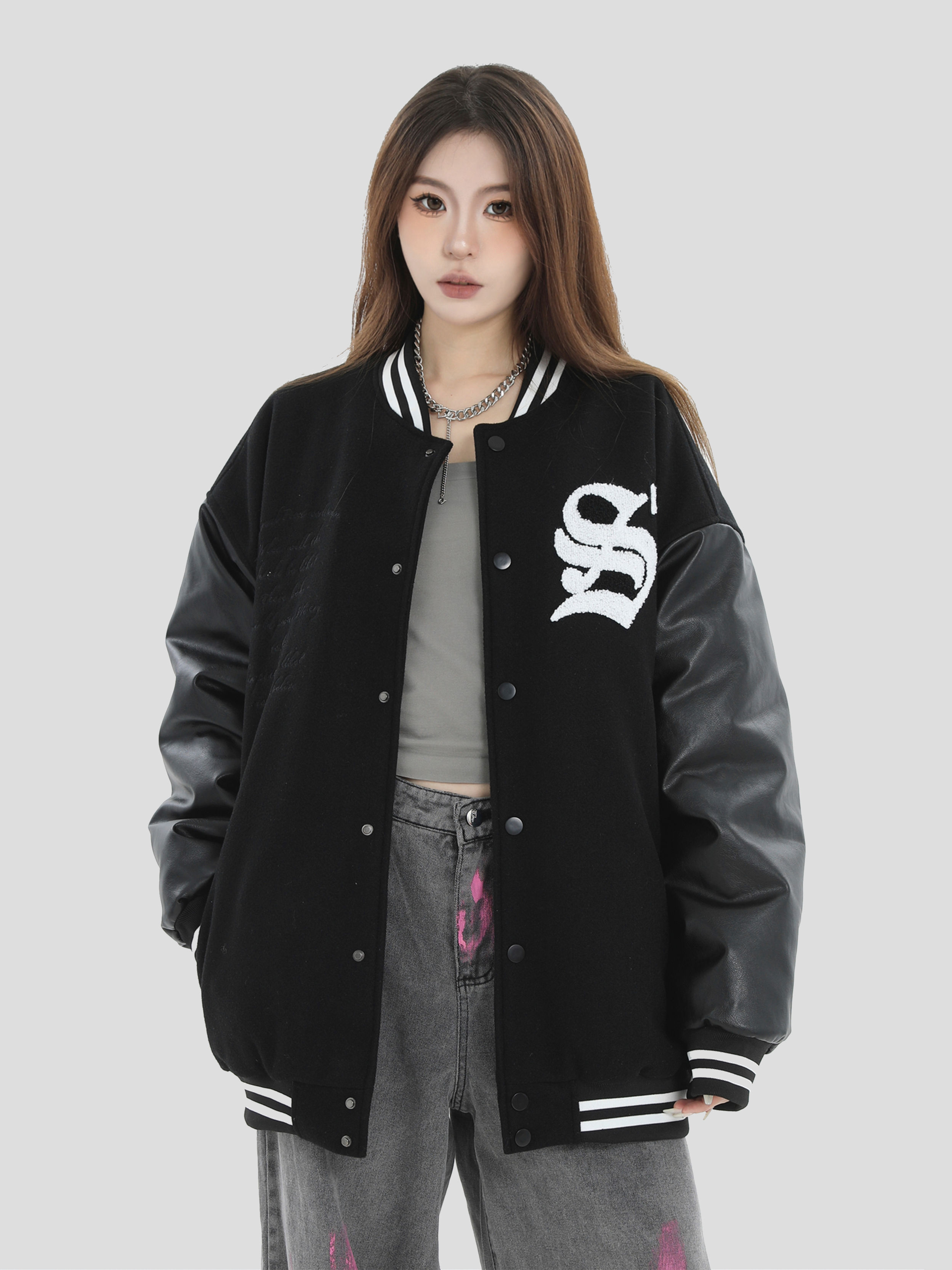 China-Chic lovers American flocked PU leather jacket loose baseball jacket cotton jacket cotton jacket jacket