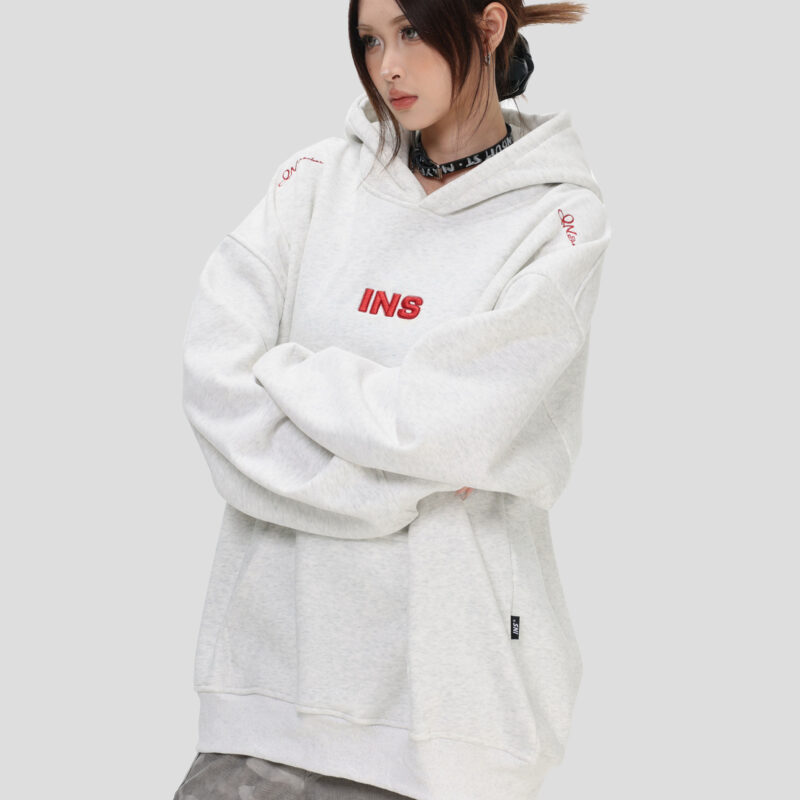 INStudios China-Chic Brand American "Embroidered LOGO Grey Hooded Sweater" Loose Plush Hoodie for Men