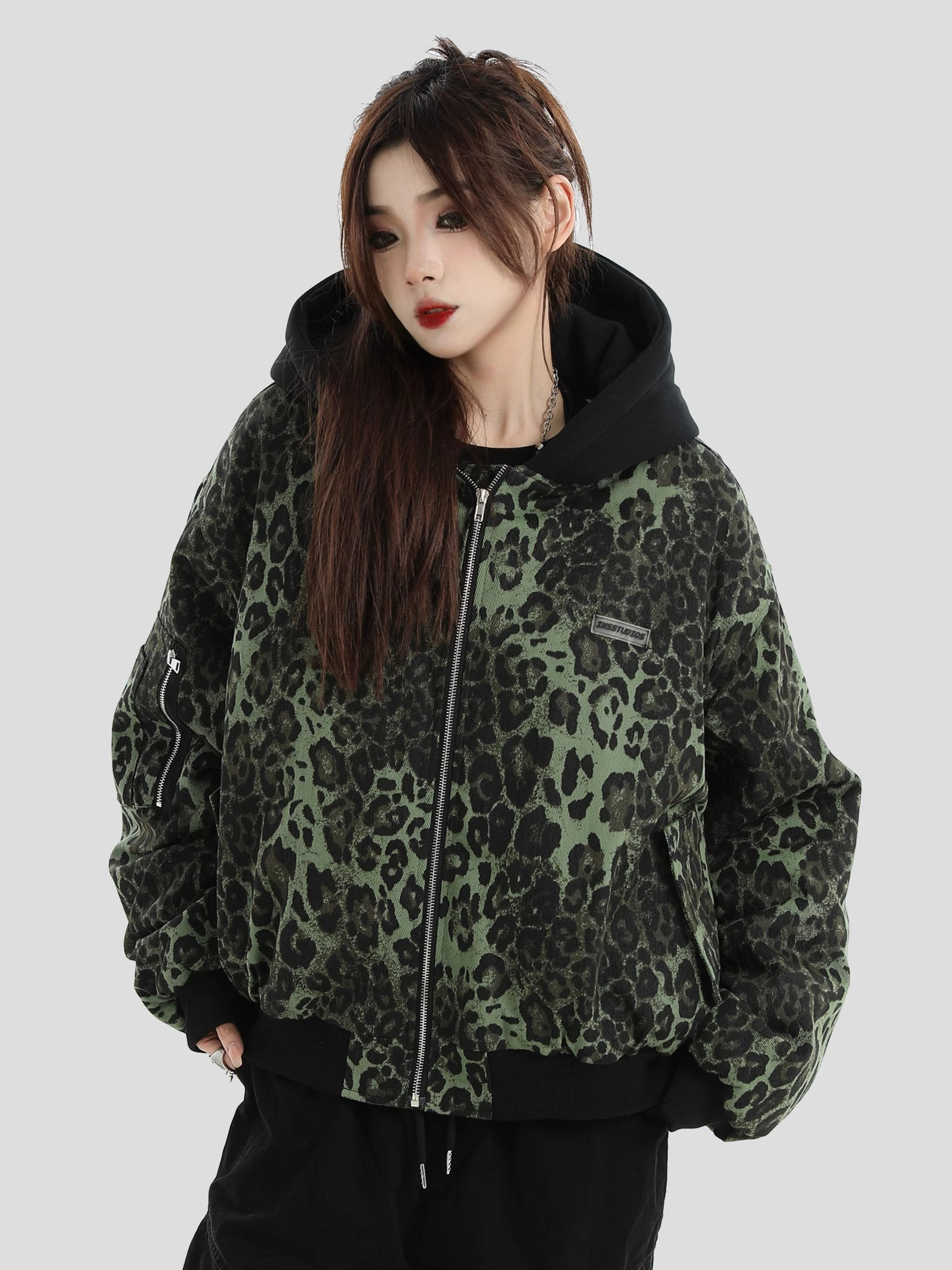 China-Chic Couple American Heavy Industry Leopard Fake Two Piece Cotton Suit Loose Flight Suit Cotton Coat