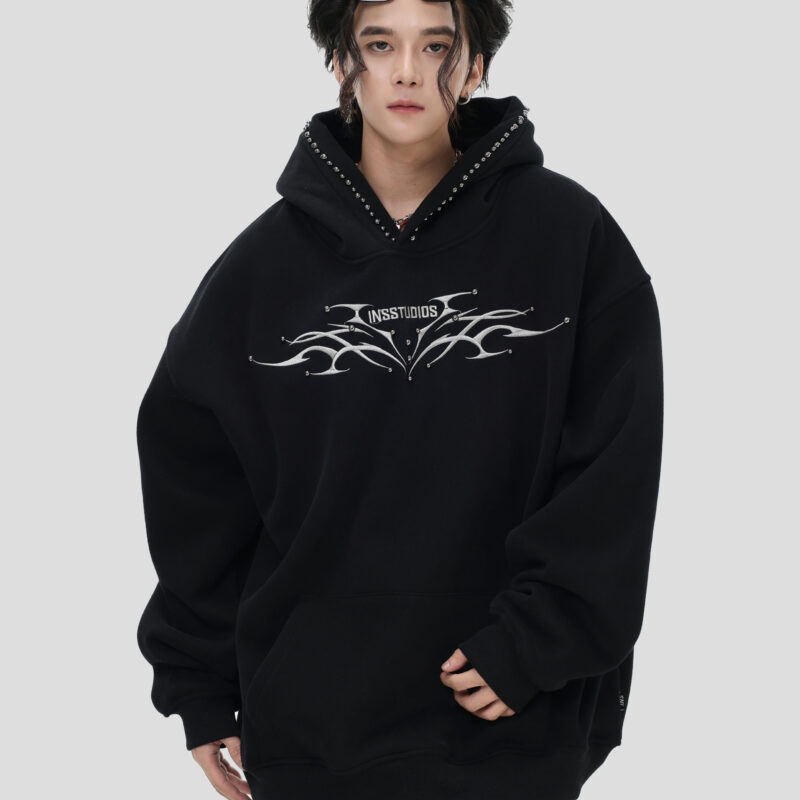 China-Chic Couple's American "Riveted Backbone Embroidery Hoodie" Loose Plush Hoodie