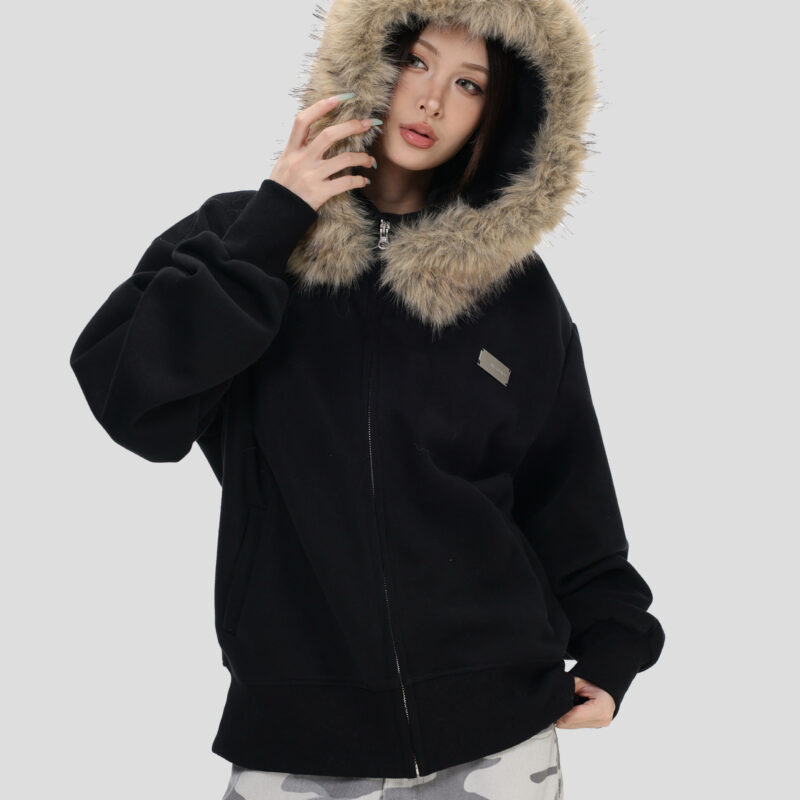 China-Chic brand American "detachable large wool collar short sweater" thin cardigan coat women