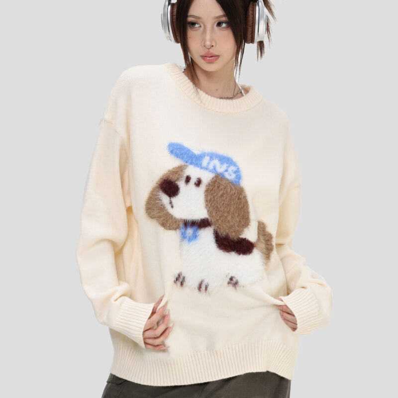 China-Chic Couple's American "Plush Dog Jacquard Sweater" Casual Pullover Knit