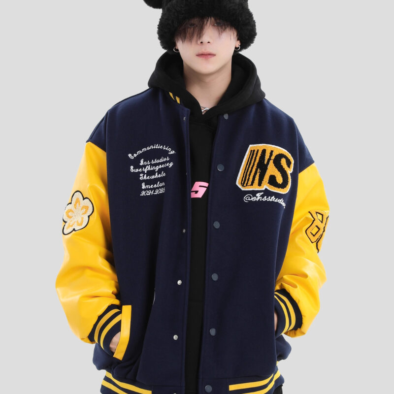 China-Chic Couple American Badge Splice Contrast Baseball Suit Loose Heavy Weight Jacket Jacket Men