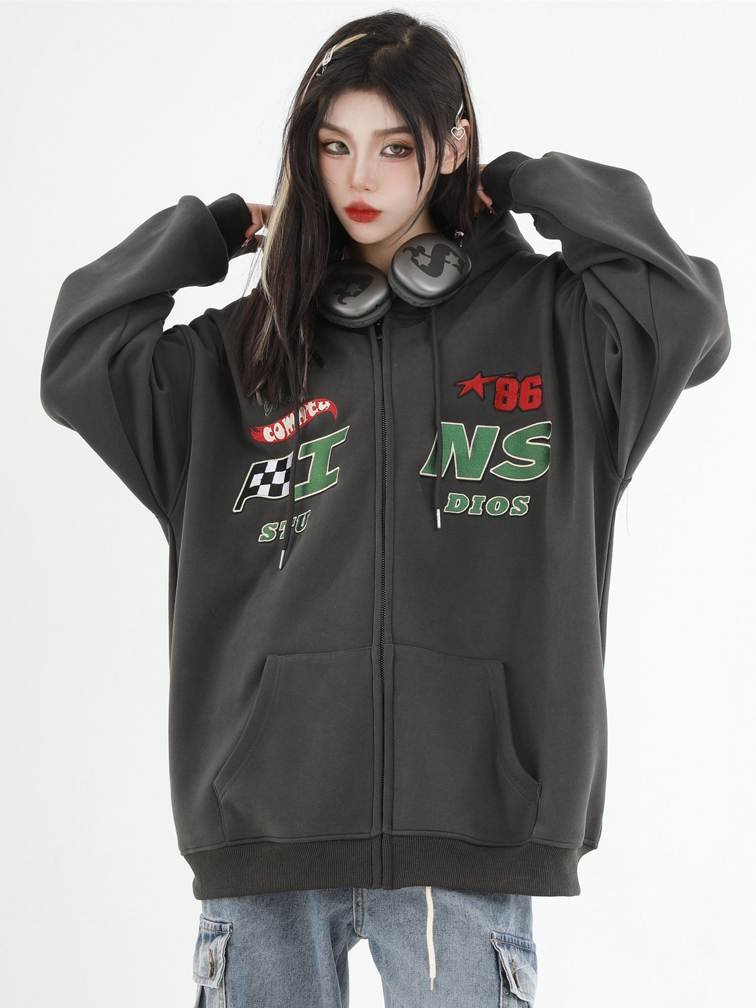 China-Chic Couple American Racing Elements LOGO Hoodie Sweater Plush Zipper Coat Men