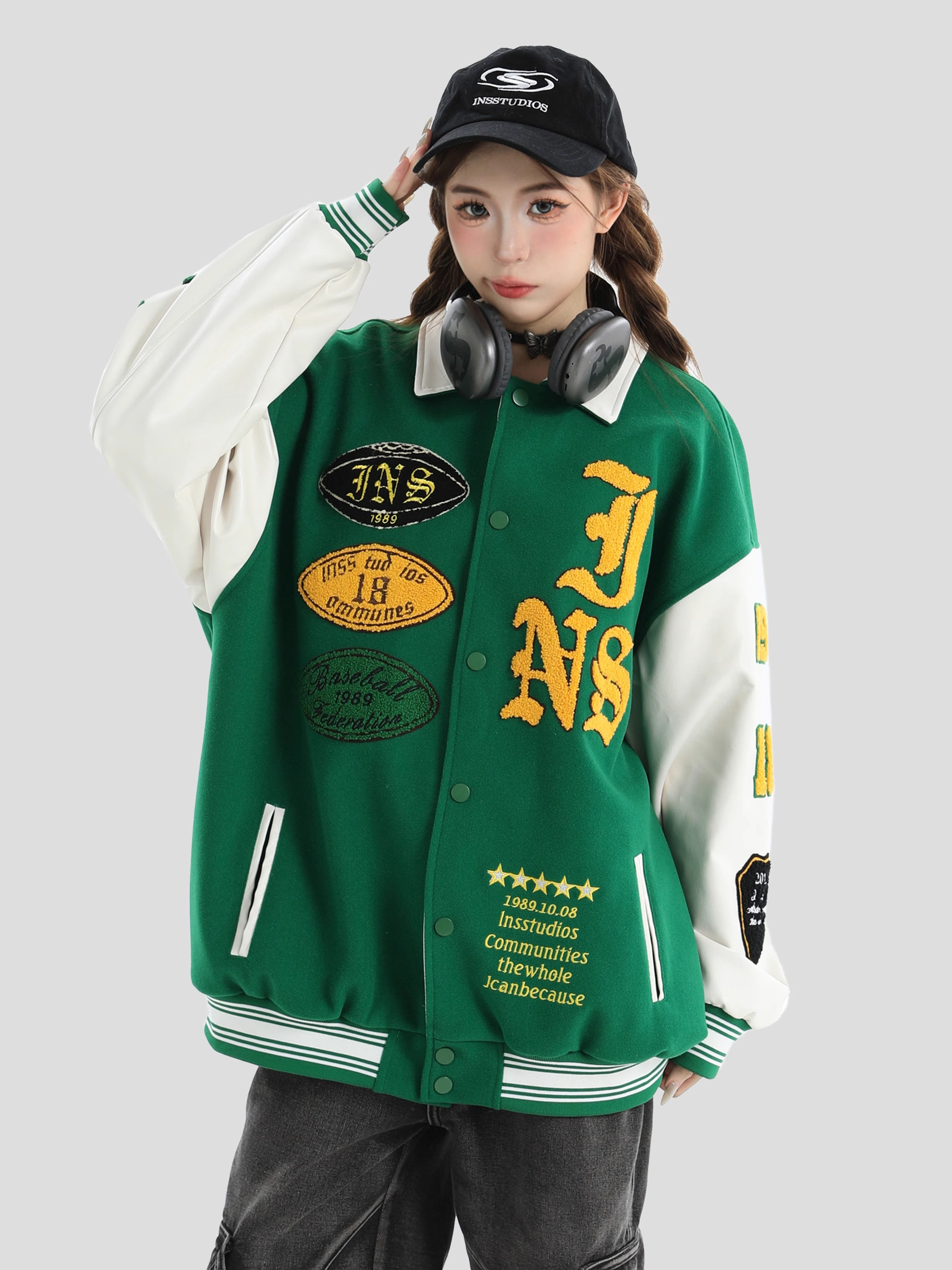 China-Chic Brand Couple American PU Leather Color Block Fake Two Piece Baseball Suit Motorcycle Jacket Jacket Men