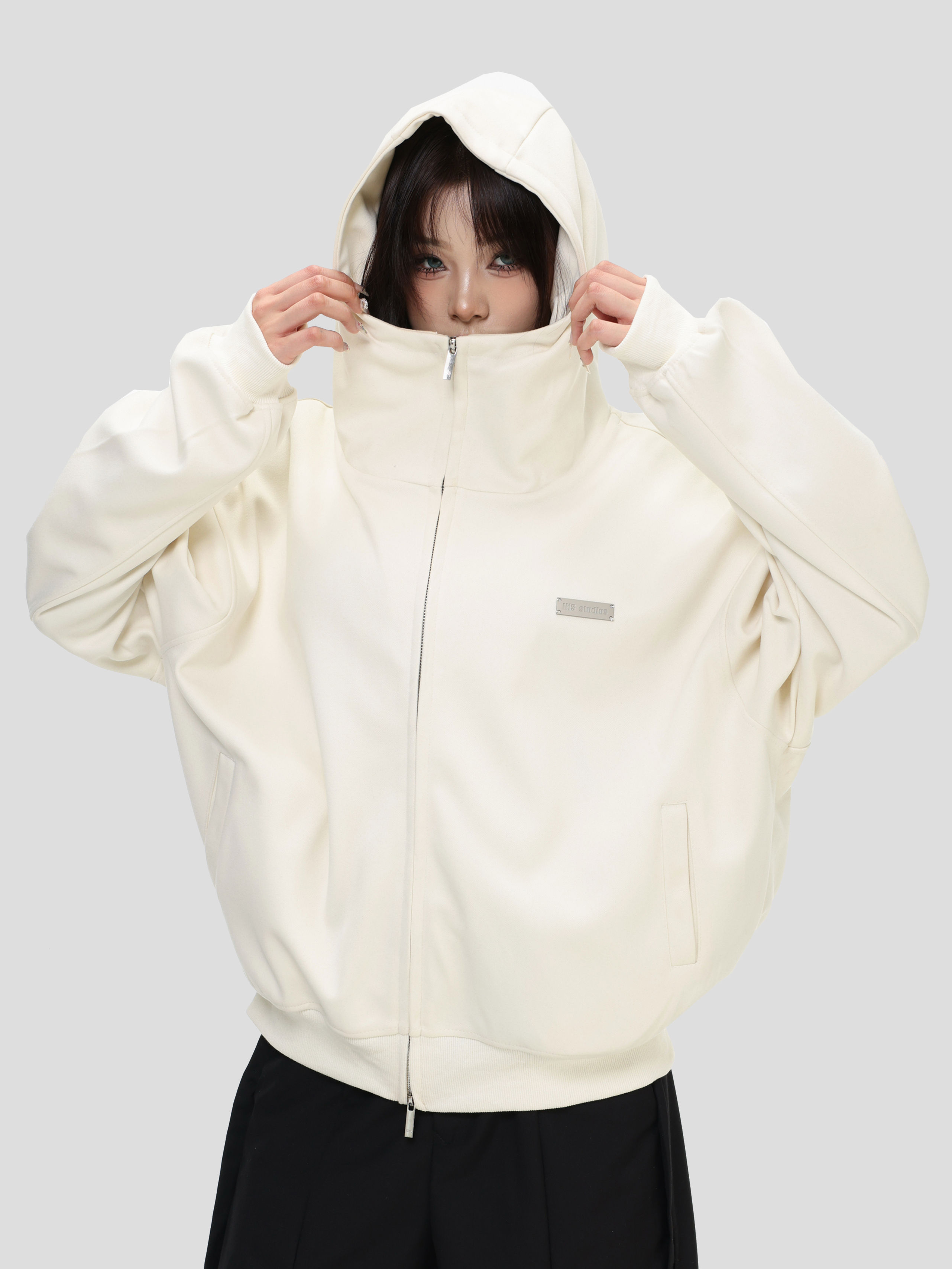 China-Chic "High neck cardigan hoodie" loose double zipper slit coat for lovers