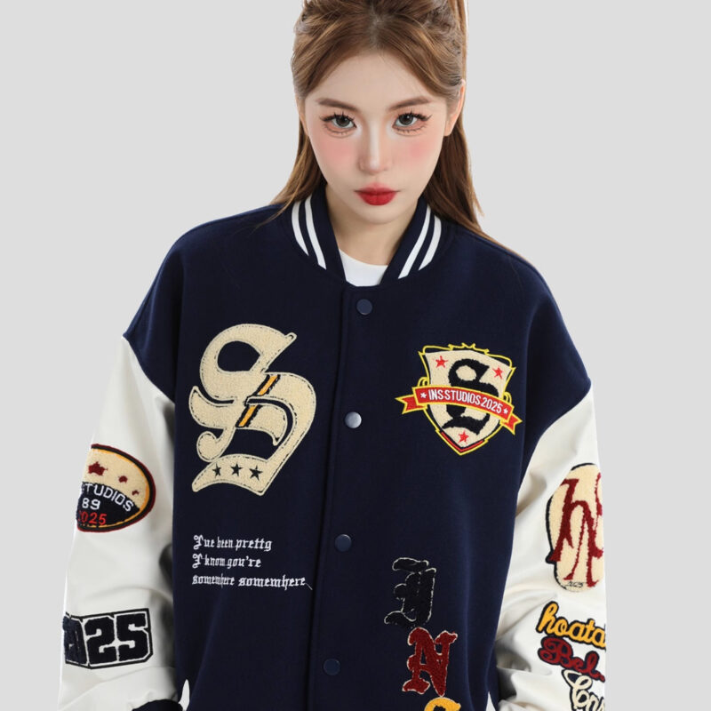 INStudios China-Chic Couple American Flocked Towel Embroidery Baseball Suit Loose Casual Jacket Coat