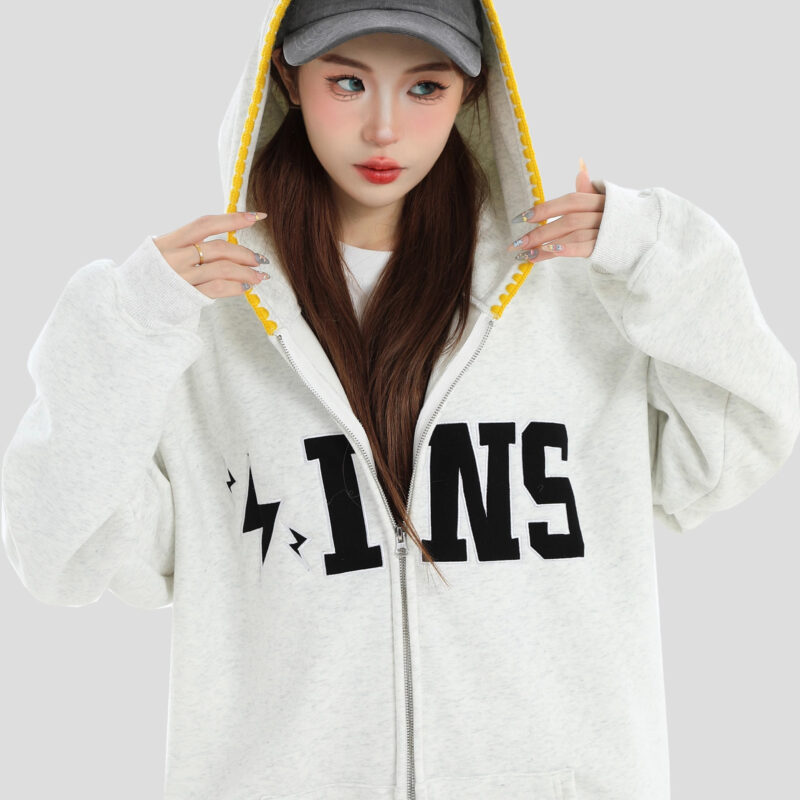 China-Chic Brand Couple American Large LOGO Sticking Embroidery Sweater Loose Plush Cardigan Coat Male