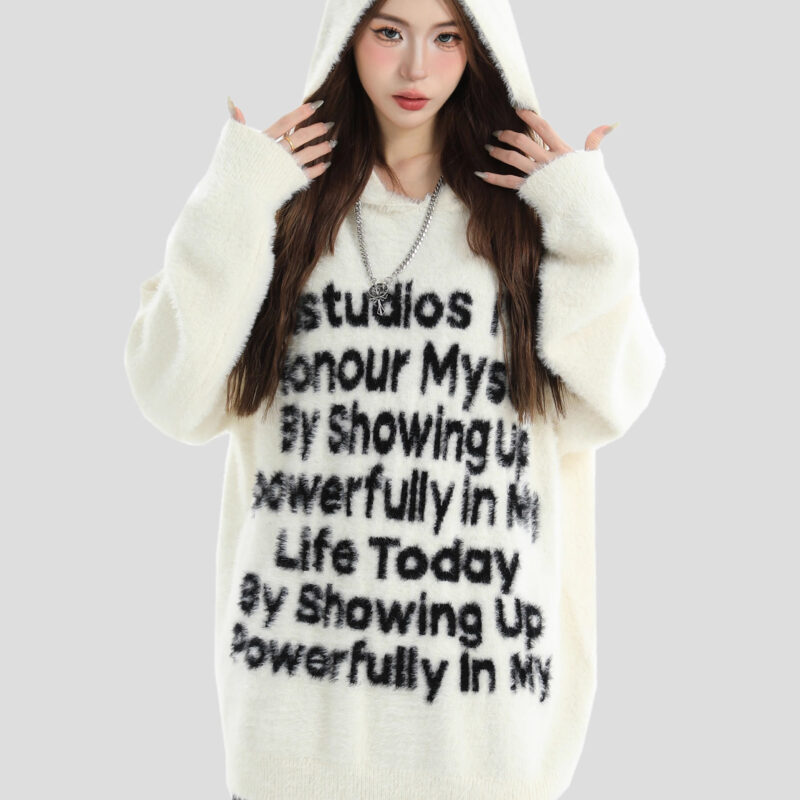 China-Chic Couple American Letter LOGO Jacquard Sweater Mohair Hooded Knit Men