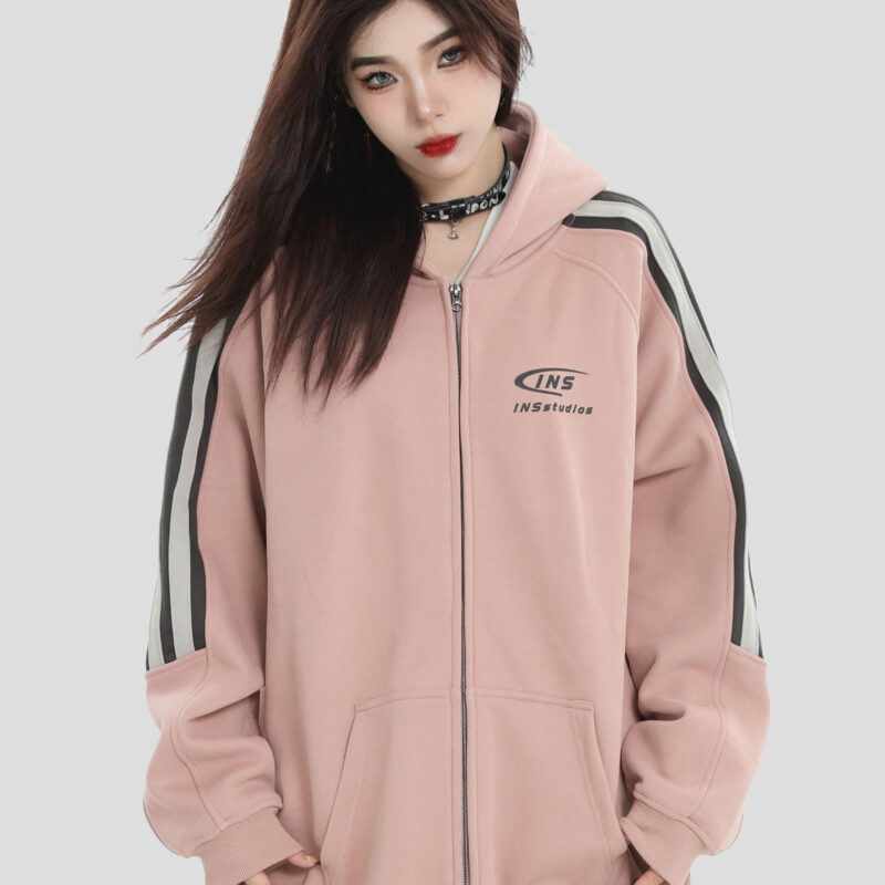 China-Chic Couple American Small LOGO Splice Cardigan Sweater Heavy Weight Plush Zipper Coat