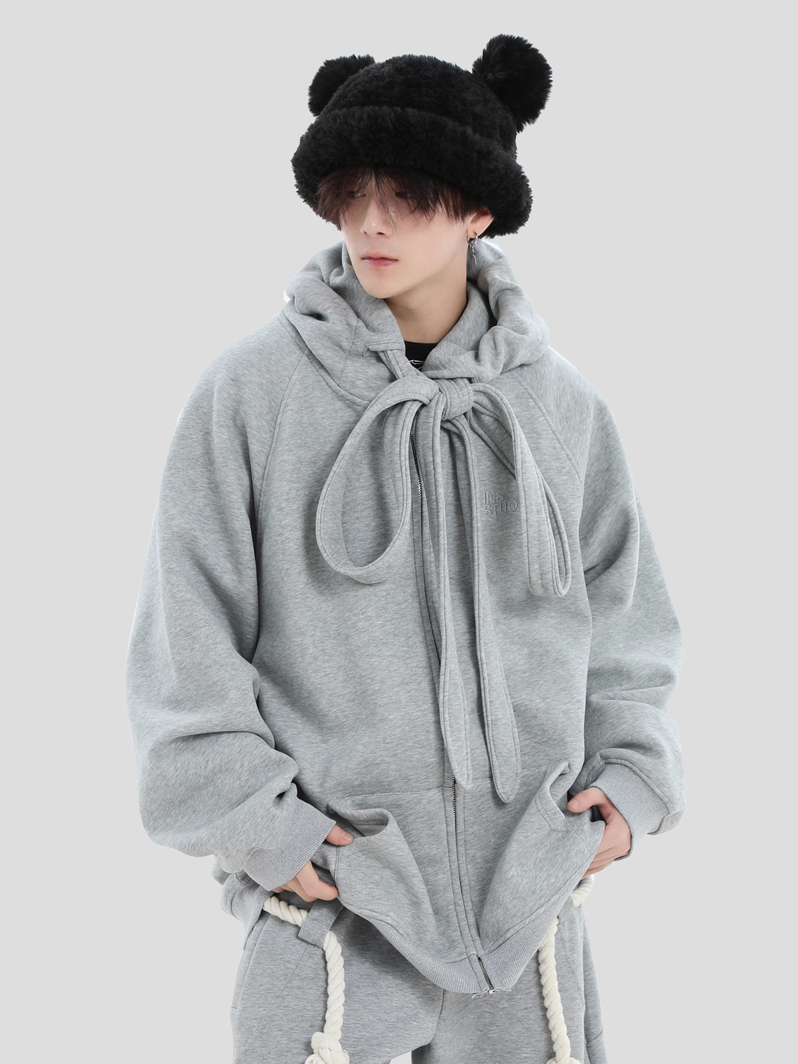 China-Chic Couple American Strap Design Hooded Sweater Loose Plush Cardigan Coat Men