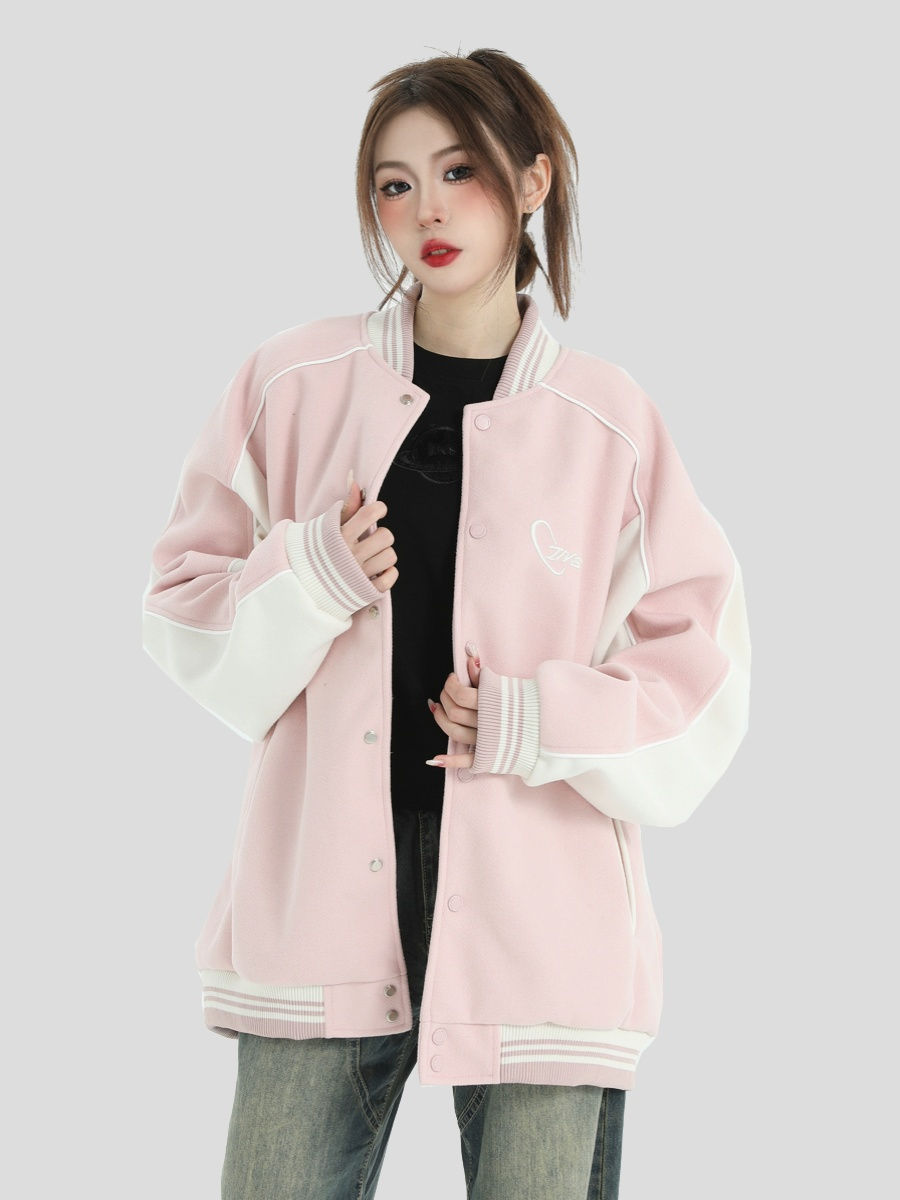 China-Chic Brand Couple American small logo color blocking striped baseball jacket loose jacket jacket men