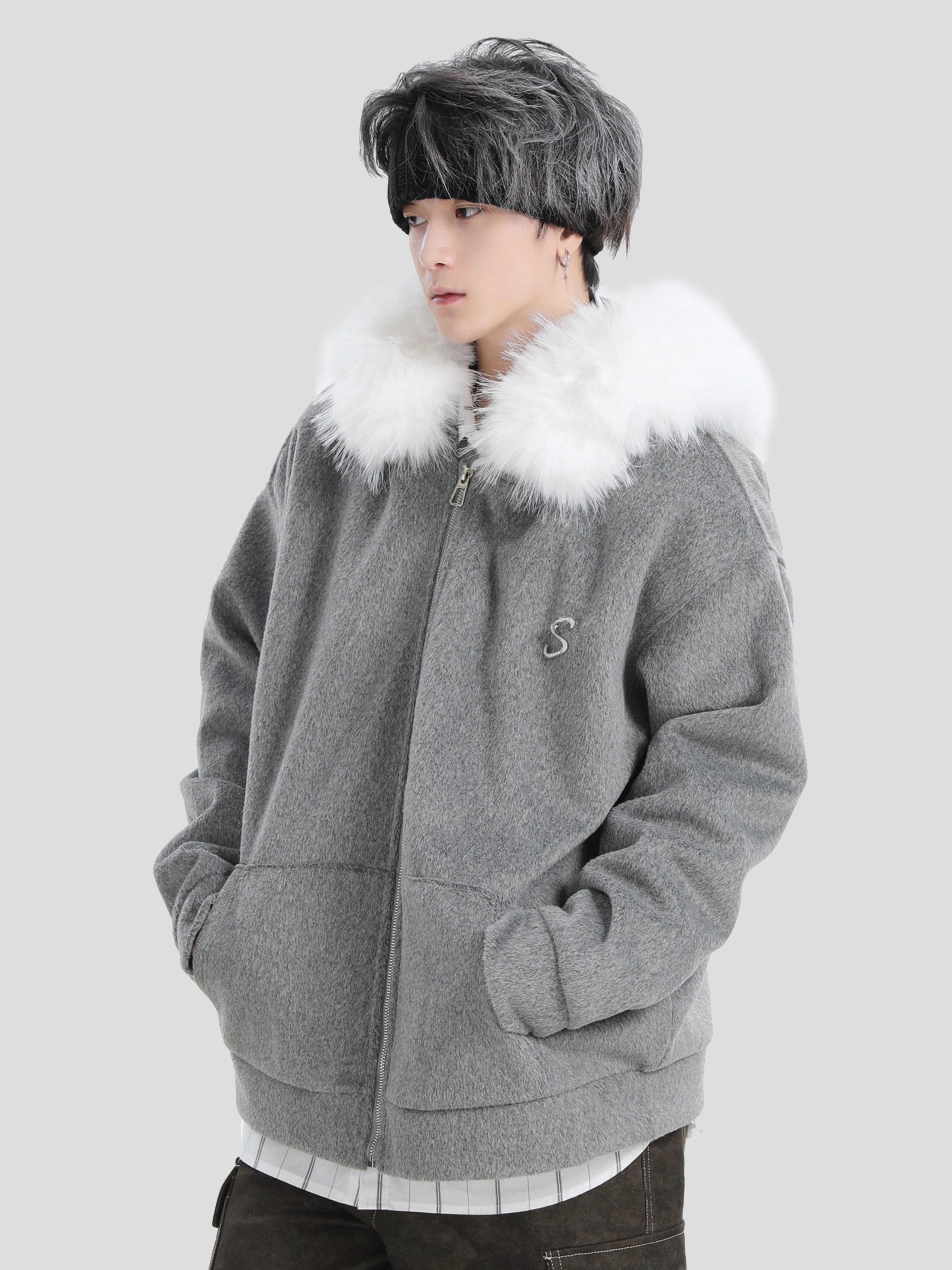 China-Chic Couple American Hooded Large Woolen Collar Woolen Coat Loose Cotton Jacket