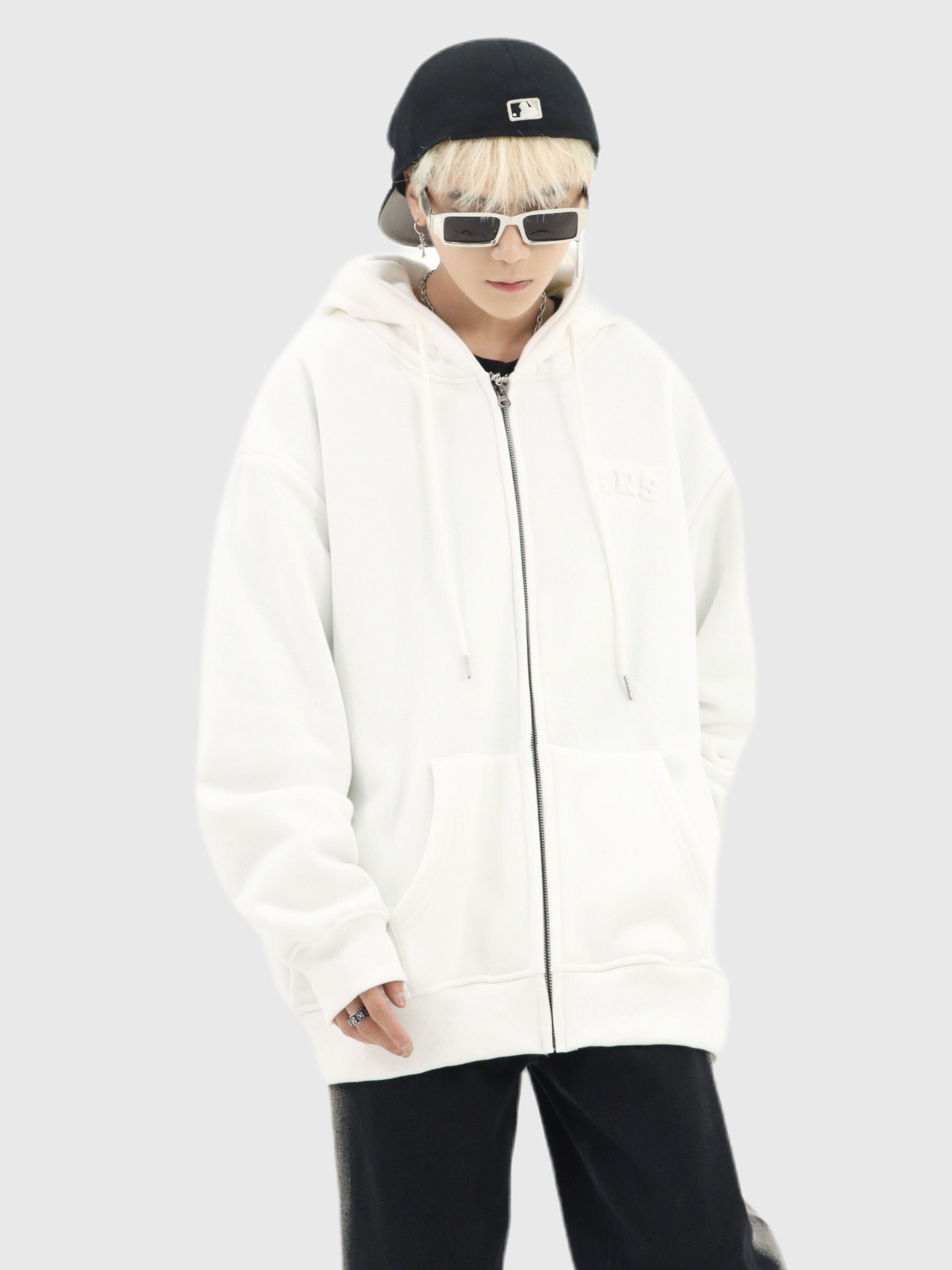 Steel print embossed hoodie, homemade Ins trendy brand pure cotton fleece with zipper jacket for men and women