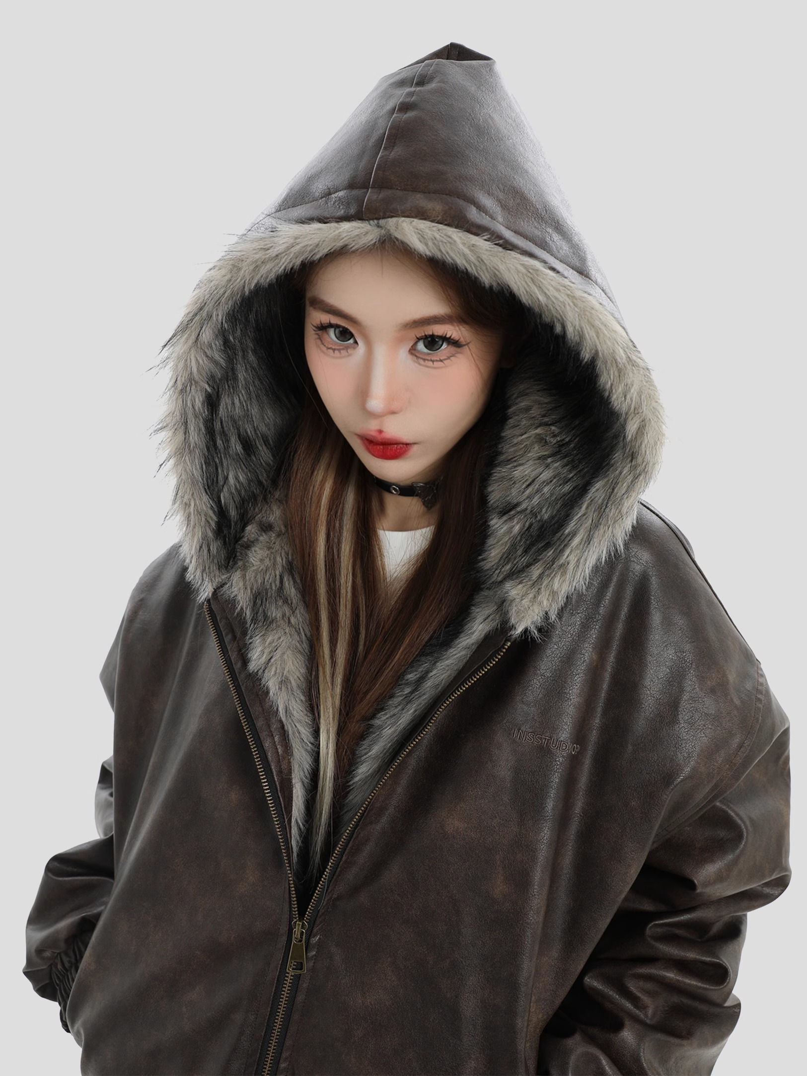 China-Chic Brand Couple American Woolen Collar Block Mountain Carving Jacket Loose Thermal Jacket PU Leather Cotton Suit