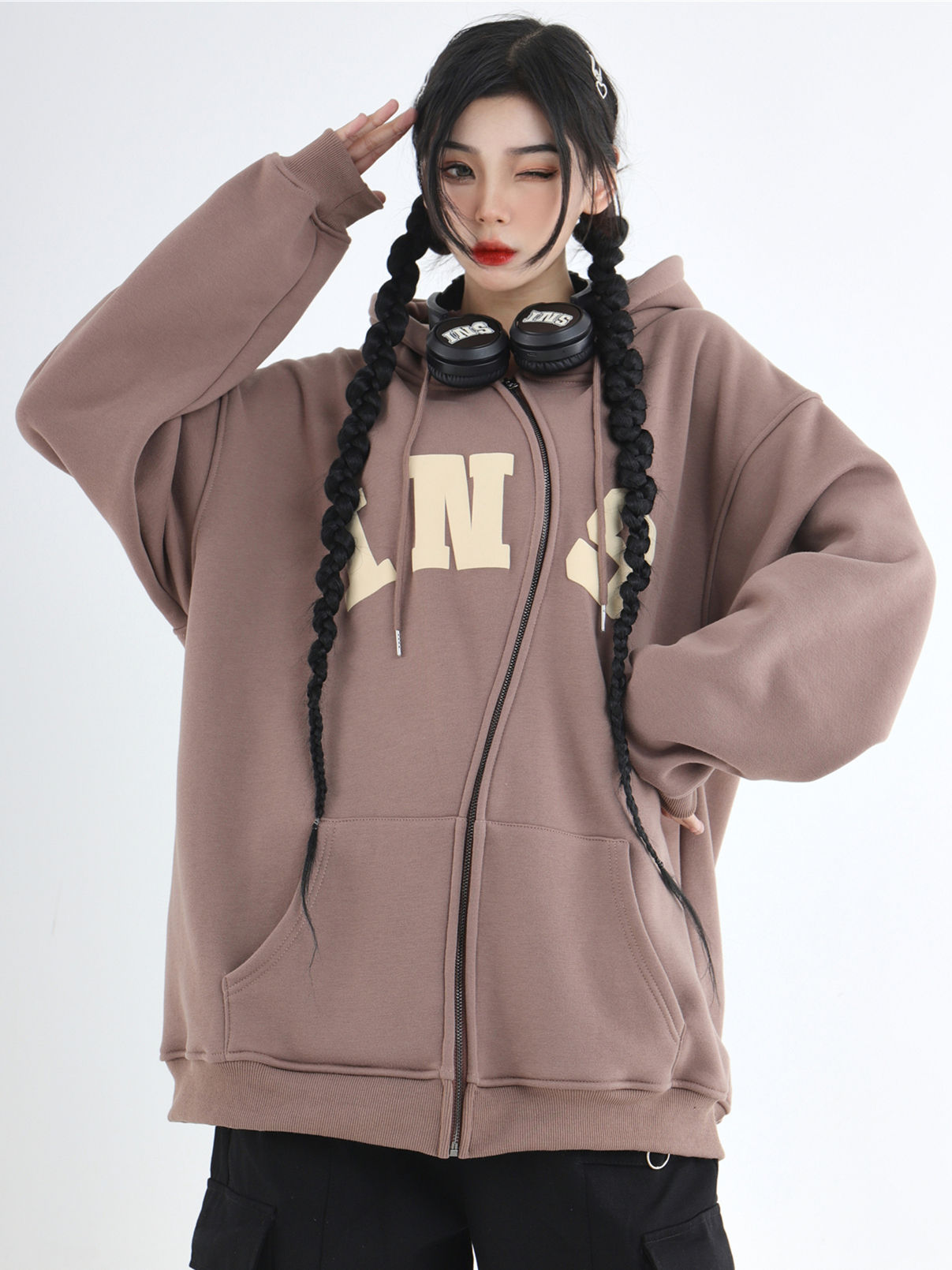 China-Chic Couple American S Zipper Foaming Logo Cardigan Sweater Plush Hoodie